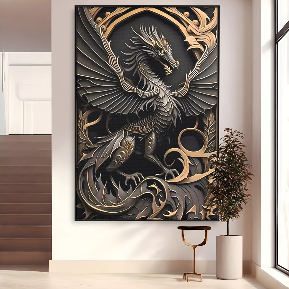 Tablou canvas cu ilustratie digitala cu dragon mitic, in rama de aluminiu negru
